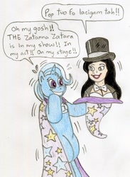 Size: 1280x1747 | Tagged: safe, artist:jose-ramiro, derpibooru import, trixie, human, pony, unicorn, bipedal, crossover, dc comics, dialogue, magic, magic show, magic trick, traditional art, zatanna