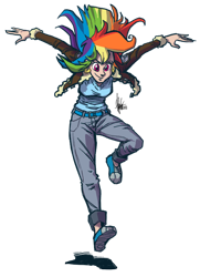 Size: 600x829 | Tagged: safe, artist:theartrix, rainbow dash, human, action pose, clothes, converse, falling, humanized, leather jacket, shoes, simple background, solo, transparent, transparent background