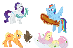 Size: 900x600 | Tagged: safe, artist:sparroesong, applejack, fluttershy, rainbow dash, rarity, earth pony, pegasus, pony, unicorn, airbending, avatar the last airbender, bending, crossover, earthbending, firebending, planeeers, waterbending