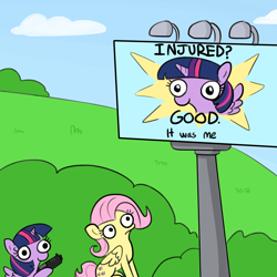 Size: 3000x3000 | Tagged: safe, artist:tjpones, fluttershy, twilight sparkle, twilight sparkle (alicorn), alicorn, pegasus, pony, behind you, billboard, derp, female, frown, gun, handgun, hoof hold, imminent death, imminent murder, imminent pain, mare, meme, pistol, sitting, smiling, sparkles! the wonder horse!, this will end in death, this will end in tears and/or death, twibitch sparkle, twiggie, weapon, wide eyes