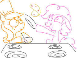 Size: 789x593 | Tagged: safe, artist:the weaver, applejack, pinkie pie, earth pony, pony, bacon, cooking, hat, pancakes, ponies eating meat, simple background, white background