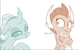 Size: 744x477 | Tagged: safe, artist:sintakhra, ocellus, smolder, tumblr:studentsix, bedroom eyes, cropped, female, gem, implied shipping, implied smolcellus, interspecies, lesbian, out of context, shocked, smolcellus