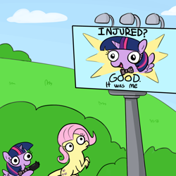 Size: 1024x1024 | Tagged: safe, artist:tjpones, edit, fluttershy, twilight sparkle, twilight sparkle (alicorn), oc, oc:raptorshy, alicorn, dinosaur, pegasus, pony, the end of derpibooru, /mlp/, behind you, billboard, derp, female, frown, gun, handgun, hoof hold, imminent death, imminent murder, imminent pain, looking up, mare, meme, open mouth, pistol, sitting, smiling, sparkles! the wonder horse!, the smiling pony, this will end in death, this will end in tears and/or death, twibitch sparkle, twiggie, weapon, wide eyes