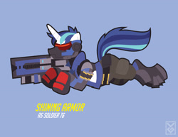 Size: 3300x2550 | Tagged: safe, artist:inspectornills, shining armor, pony, unicorn, clothes, crossover, gun, overwatch, soldier 76, solo, weapon