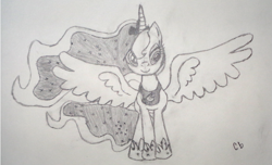 Size: 819x499 | Tagged: safe, artist:littlelooney, princess luna, alicorn, pony, a canterlot wedding, monochrome, newbie artist training grounds, solo, traditional art