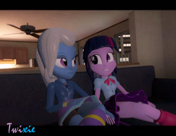 Size: 994x768 | Tagged: safe, artist:blackbelt2297, derpibooru import, trixie, twilight sparkle, twilight sparkle (alicorn), alicorn, equestria girls, 3d, boyshorts, clothes, female, holding hands, lesbian, panties, purple underwear, shipping, skirt, sofa, source filmmaker, twixie, underwear, upskirt