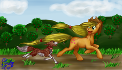 Size: 900x519 | Tagged: safe, artist:makomaragi, applejack, winona, dog, earth pony, pony, blonde mane, brown coat, duo, female, mare, orange coat