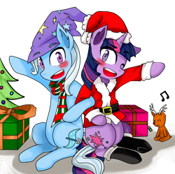 Size: 5100x5076 | Tagged: safe, artist:mizuki56, derpibooru import, trixie, twilight sparkle, pony, unicorn, absurd resolution, christmas, christmas tree, clothes, female, hat, lesbian, mare, present, santa costume, santa hat, scarf, shipping, socks, tree, twixie