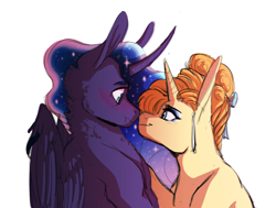 Size: 1024x773 | Tagged: safe, artist:seleniium, princess luna, pumpkin cake, alicorn, pony, unicorn, blushing, crack shipping, curved horn, eye contact, female, lesbian, looking at each other, mare, noseboop, older, older pumpkin cake, pumpkinluna, shipping, simple background, white background