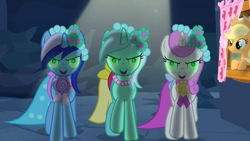 Size: 640x360 | Tagged: safe, artist:capnpea, edit, edited screencap, screencap, applejack, lyra heartstrings, minuette, twinkleshine, changeling, earth pony, pony, a canterlot wedding, fimbriae, wat