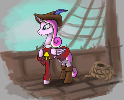 Size: 2162x1738 | Tagged: safe, artist:quadrog, princess cadance, alicorn, pony, clothes, folded wings, hoof on chest, looking away, pirate, ship, solo, standing, wings