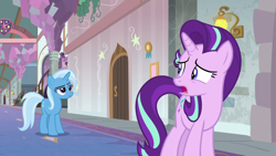 Size: 1920x1080 | Tagged: safe, derpibooru import, screencap, starlight glimmer, trixie, pony, unicorn, a horse shoe-in, duo, female, mare, school of friendship