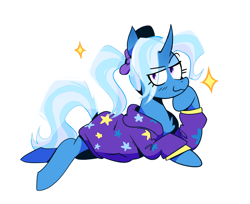 Size: 1691x1378 | Tagged: safe, artist:cassettepunk, derpibooru import, trixie, pony, unicorn, :3, alternate hairstyle, babysitter trixie, bow, chest fluff, clothes, cute, diatrixes, female, gameloft interpretation, hair bow, hoodie, lidded eyes, mare, pigtails, prone, simple background, smug, solo, white background