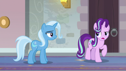 Size: 1920x1080 | Tagged: safe, derpibooru import, screencap, starlight glimmer, trixie, pony, unicorn, a horse shoe-in, duo, female, mare, school of friendship