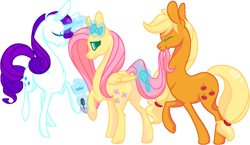 Size: 1003x582 | Tagged: safe, applejack, fluttershy, rarity, earth pony, pegasus, pony, unicorn, appleshy, bow, brushting, colored pupils, eyes closed, female, flarijack, flarity, hair bow, hairbrush, lesbian, levitation, looking back, magic, mare, missing accessory, mouth hold, ot3, polyamory, raised hoof, rarijack, shipping, simple background, tail bite, telekinesis, white background