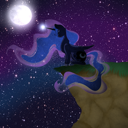 Size: 4000x4000 | Tagged: safe, artist:snowyfool, princess luna, alicorn, pony, absurd resolution, cliff, eyes closed, magic, moon, night, sitting, solo, stars