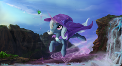 Size: 3888x2103 | Tagged: safe, artist:1deathpony1, derpibooru import, trixie, parasprite, pony, unicorn, cliff, flying, high res, magic, magic circle, scenery, scenery porn, solo, telekinesis, water, water droplet, waterfall