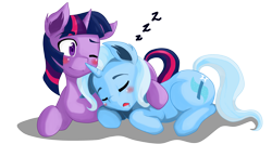 Size: 3162x1680 | Tagged: safe, artist:mizuki56, derpibooru import, trixie, twilight sparkle, pony, unicorn, blushing, drool, female, lesbian, mare, shipping, sleeping, twixie, zzz