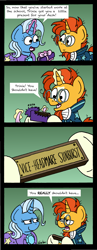 Size: 1024x2646 | Tagged: safe, artist:bobthedalek, derpibooru import, sunburst, trixie, pony, unicorn, comic, duo, female, green background, inconvenient trixie, male, mare, present, simple background, smug, speech bubble, stallion, sunburst is not amused, trolling, trollxie, unamused