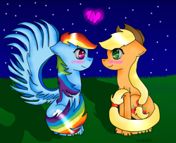 Size: 900x736 | Tagged: safe, artist:xcuteikinz, applejack, rainbow dash, earth pony, pegasus, pony, appledash, blushing, female, heart, lesbian, shipping