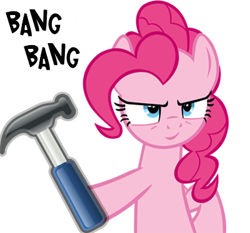 Size: 400x372 | Tagged: safe, pinkie pie, earth pony, pony, female, hammer, mare, parody, pink coat, pink mane, reference