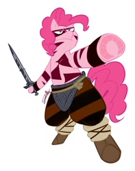 Size: 750x950 | Tagged: safe, artist:xxdaimonxx, pinkie pie, earth pony, pony, semi-anthro, conan the barbarian, crossover, solo, sword