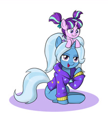 Size: 1150x1300 | Tagged: safe, artist:mew-me, derpibooru import, starlight glimmer, trixie, pony, unicorn, alternate hairstyle, babysitter trixie, clothes, cute, duo, duo female, female, filly, filly starlight glimmer, gameloft, gameloft interpretation, mare, open mouth, pigtails, younger