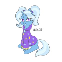 Size: 1200x1200 | Tagged: safe, artist:melliedraws, derpibooru import, trixie, pony, unicorn, alternate hairstyle, babysitter trixie, clothes, female, gameloft, gameloft interpretation, jacket, looking at you, mare, pigtails, simple background, sitting, solo, twintails, white background