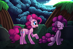 Size: 1105x751 | Tagged: safe, artist:mewball, pinkie pie, earth pony, pony, crying, cute, dual personality, eyes closed, floppy ears, forest, frown, open mouth, raised hoof, shadow, sitting, solo, underhoof