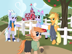 Size: 4000x3000 | Tagged: safe, artist:phoenixswift, artist:sintakhra, applejack, cloudchaser, flitter, oc, oc:ladybug, earth pony, pony, bipedal, bipedal leaning, clothes, harvest moon, leaning, overalls