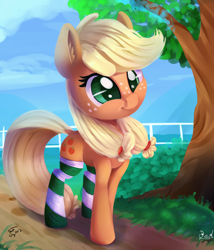 Size: 2000x2335 | Tagged: safe, artist:discorded, artist:tg1117, applejack, earth pony, pony, collaboration, clothes, cute, female, freckles, hatless, hnnng, jackabetes, mare, missing accessory, socks, solo, stockings, striped socks, teenage applejack, teenager, thigh highs, tree