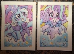 Size: 800x582 | Tagged: safe, artist:marybellamy, derpibooru import, starlight glimmer, trixie, pony, unicorn, blushing, card, grin, smiling, smoke, traditional art