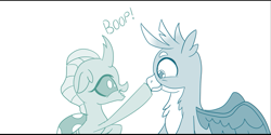 Size: 725x363 | Tagged: safe, artist:sintakhra, gallus, ocellus, changedling, changeling, griffon, tumblr:studentsix, boop, chest fluff, cropped, cute, diaocelles, female, gallabetes, happy, male, wings