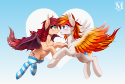 Size: 1335x900 | Tagged: safe, artist:margony, oc, oc only, oc:dreamie, oc:heartfire, bat pony, pegasus, pony, bat pony oc, clothes, commission, couple, dreamfire, female, flying, male, oc x oc, shipping, socks, stockings, straight, striped socks, thigh highs