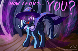 Size: 2041x1339 | Tagged: safe, artist:xbi, derpibooru import, trixie, pony, unicorn, adoracreepy, cape, clothes, creepy, cute, female, glowing eyes, grin, hat, looking at you, majestic, mare, open mouth, smiling, solo, stage, trixie's cape, trixie's hat