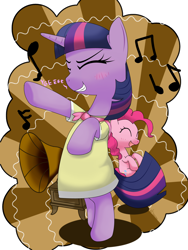 Size: 1050x1400 | Tagged: safe, artist:hoyeechun, pinkie pie, twilight sparkle, earth pony, pony, sweet and elite, bipedal, birthday dress, blushing, clothes, cute, dancing, do the sparkle, dress, duo, gramophone, twiabetes