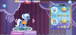 Size: 2436x1125 | Tagged: safe, derpibooru import, screencap, trixie, pony, unicorn, alternate costumes, alternate hairstyle, anklet, carousel boutique, clothes, gameloft, hair bun, jewelry, necklace, official, outfit, pearl necklace