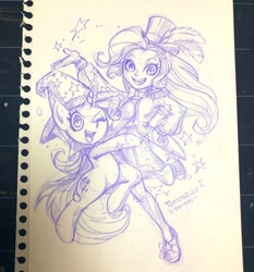 Size: 954x1024 | Tagged: safe, artist:babtyu, derpibooru import, trixie, pony, unicorn, better together, equestria girls, cape, clothes, cute, diatrixes, female, hat, human ponidox, magic, magician outfit, mare, monochrome, one eye closed, pencil drawing, self ponidox, sketch, stars, traditional art, trixie's cape, trixie's hat, wink