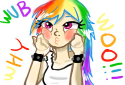 Size: 350x240 | Tagged: safe, artist:vividorchid, rainbow dash, clothes, dashface, female, humanized, multicolored hair