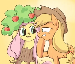 Size: 700x600 | Tagged: safe, artist:yubi, applejack, fluttershy, earth pony, pegasus, pony, apple tree, appleshy, costume, female, fluttertree, lesbian, shipping, tree, tree costume