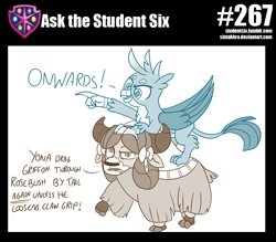 Size: 800x702 | Tagged: safe, artist:sintakhra, gallus, yona, griffon, yak, tumblr:studentsix, female, griffons riding yaks, male, paws, this will end in pain, yona is not amused