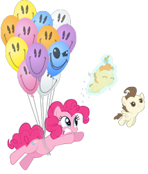 Size: 3000x3517 | Tagged: safe, artist:vectorshy, discord, pinkie pie, pound cake, pumpkin cake, earth pony, pegasus, pony, unicorn, balloon, blank flank, colt, discord balloon, eyes closed, female, filly, flying, foal, glowing horn, gritted teeth, hooves, horn, levitation, magic, male, mare, self-levitation, simple background, smiling, telekinesis, then watch her balloons lift her up to the sky, transparent background, wings