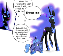 Size: 1800x1600 | Tagged: safe, artist:kiarawizard01, nightmare moon, princess luna, alicorn, pony, annoyed, comic, duality, filly, floppy ears, prone, s1 luna, self ponidox, woona, younger