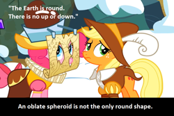 Size: 946x632 | Tagged: safe, edit, edited screencap, screencap, applejack, chancellor puddinghead, pinkie pie, smart cookie, earth pony, pony, hearth's warming eve (episode), calibri, duo, hearth's warming eve, map, meta, text