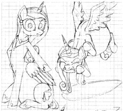 Size: 1280x1145 | Tagged: safe, artist:adlaz, princess cadance, centaur, ponytaur, taur, belly, flying, monochrome, pregnant, princess, sketch, strange, traditional art