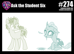 Size: 800x589 | Tagged: safe, artist:sintakhra, ocellus, sandbar, changedling, changeling, pony, tumblr:studentsix, cake, cute, diaocelles, dish, drool, eyes on the prize, food, hungry, mouth hold, post-it, puppy dog eyes, sandabetes, tail wag, whining