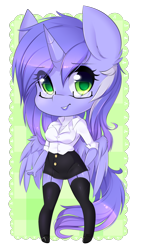 Size: 908x1597 | Tagged: safe, artist:teranen, oc, oc only, oc:mariah wolves, alicorn, anthro, unguligrade anthro, alicorn oc, breasts, chibi, clothes, colored pupils, cute, eye clipping through hair, female, garters, glasses, looking at you, mare, moe, shirt, simple background, skirt, smiling, solo, stockings, thigh highs, thighs, transparent background