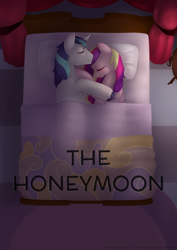 Size: 2480x3508 | Tagged: safe, artist:oouichi, princess cadance, shining armor, alicorn, pony, unicorn, comic:the honeymoon, bed, bedroom, candlelight, comic, comic cover, cuddling, female, male, shiningcadance, shipping, snuggling, straight