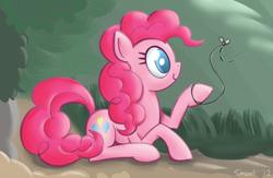 Size: 900x588 | Tagged: safe, artist:smockhobbes, pinkie pie, earth pony, fly, pony, leash, solo, string