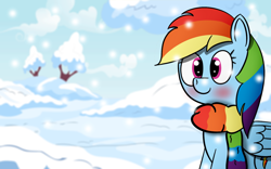 Size: 1440x900 | Tagged: safe, artist:abstract-spectrum, rainbow dash, pegasus, pony, clothes, scarf, snow, snowfall, solo, wallpaper